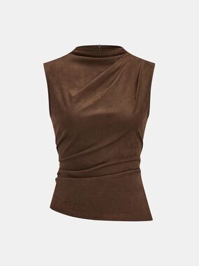 Brown Sleeveless Draped High-Neck Top